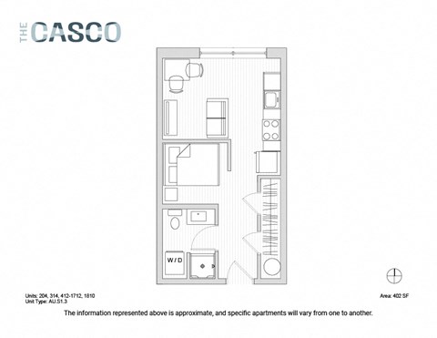 Floor plan for studio, 1 bath, 402 sqft